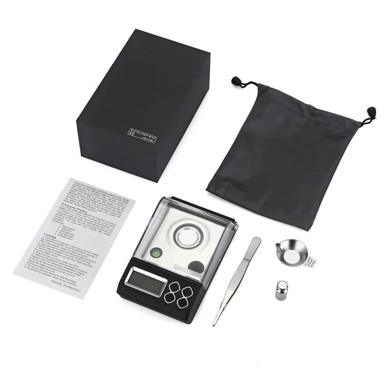 Portable electronic jewellery scale with digital display, 144x84.5x51mm size, 0.001g high precision, 50g capacity