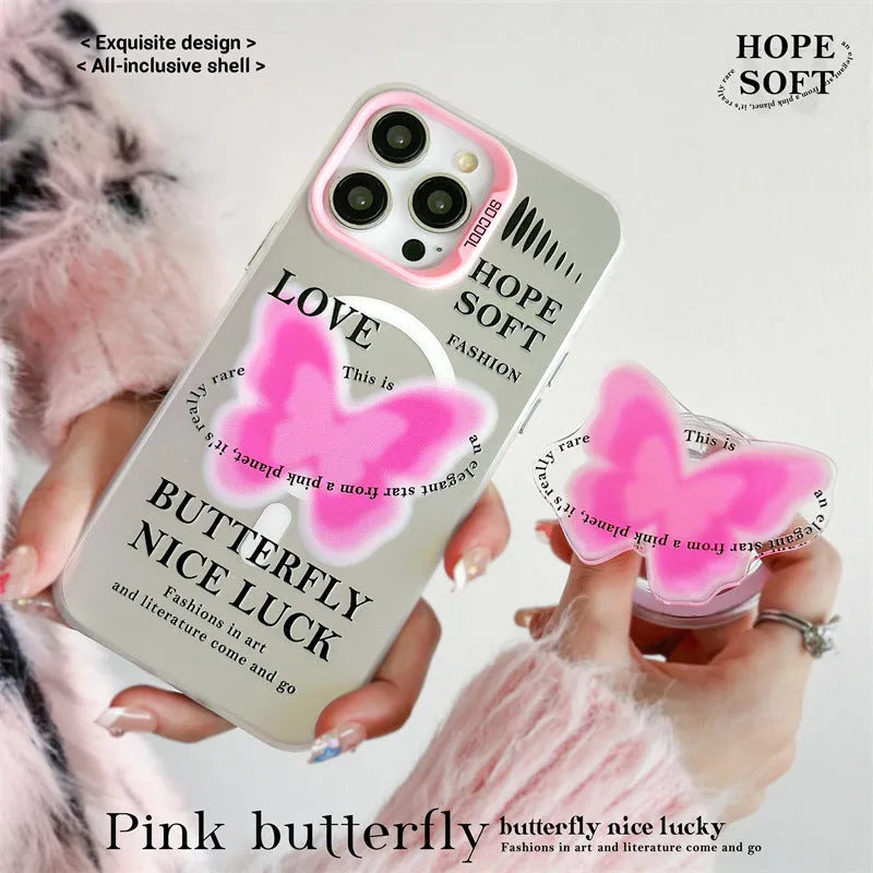 White TPU phone case with magnetic bracket and printed frosted laser design for Apple iPhone
