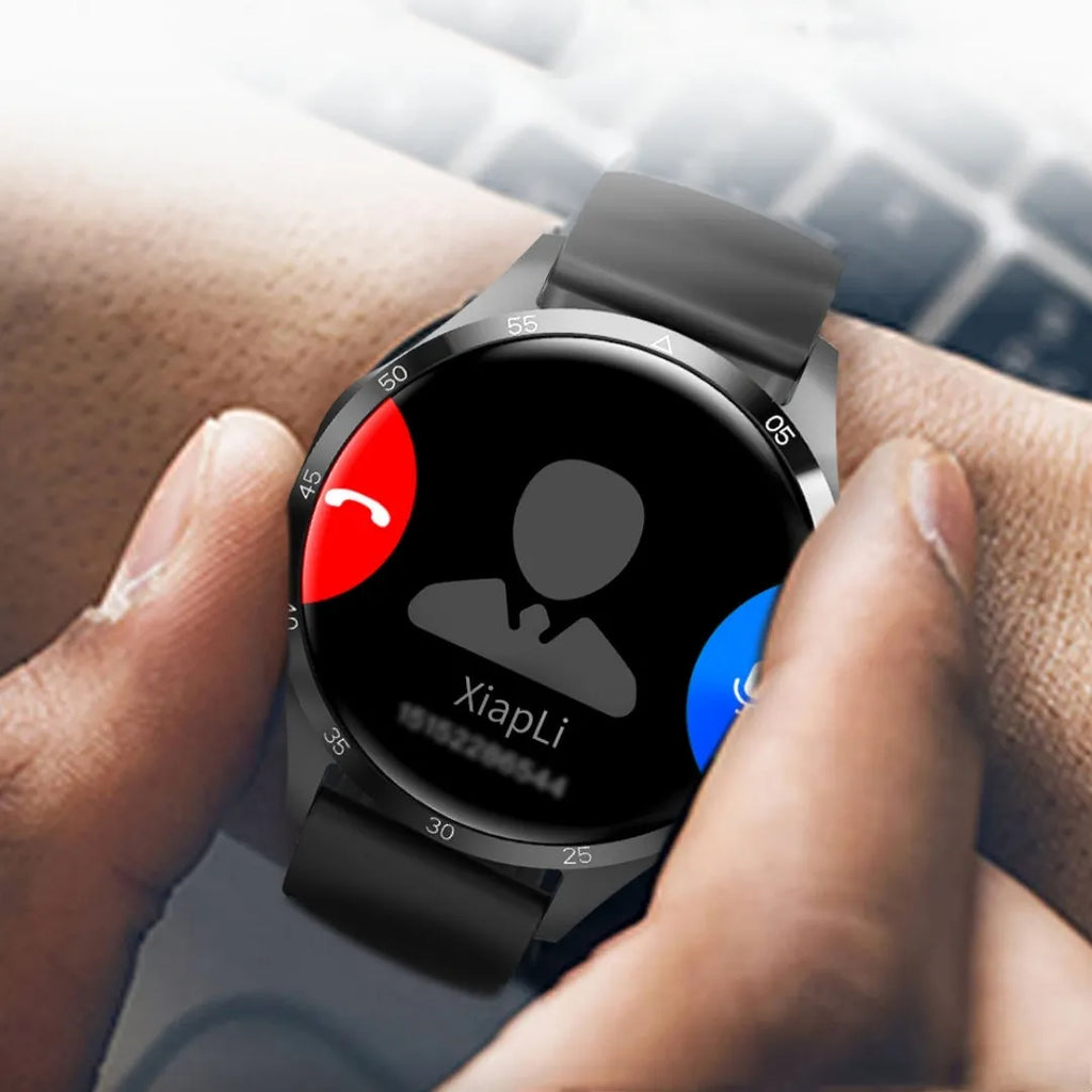 Black Bluetooth smartwatch with TFT touch screen shown with both silicone and Milan net strap options.