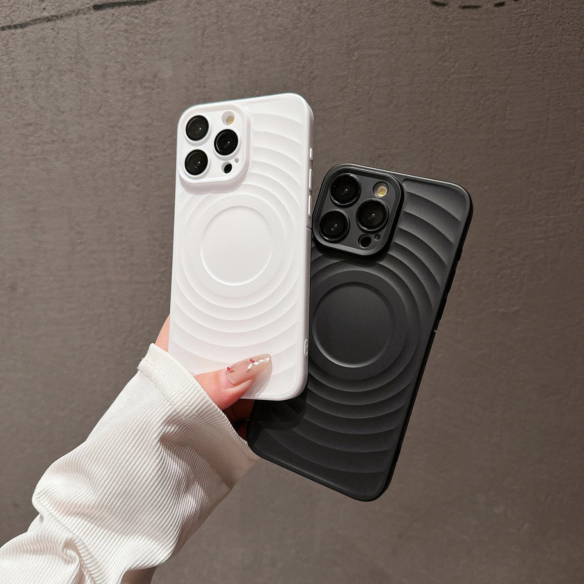Oil injection magnetic drop-resistant protective cover with frosted PC lens glass for iPhone, showing back of case.