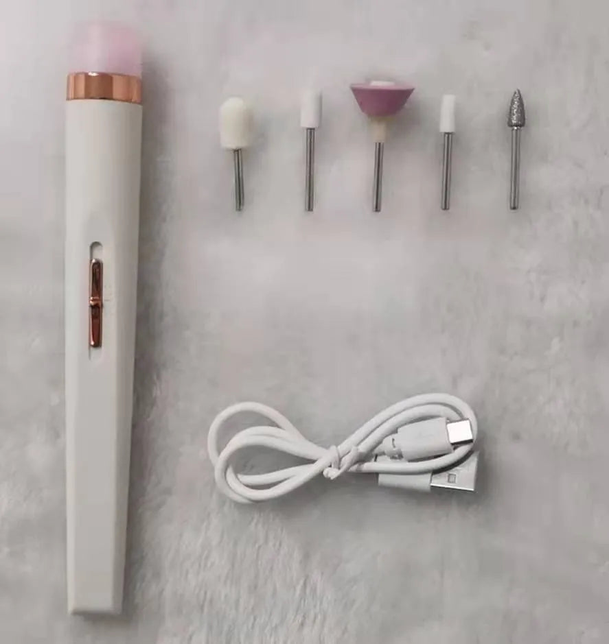 5in1 cordless USB electric nail drill set with LED light, five abrasive heads, and rechargeable battery in pink