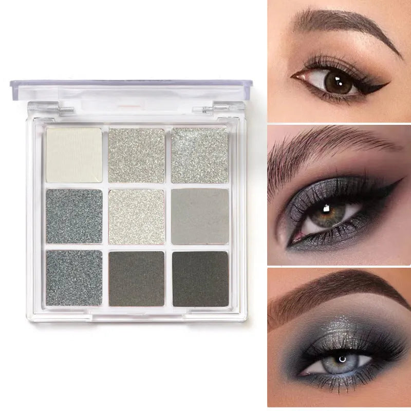 Smoked nine-colour eyeshadow palette with white, silver, black, and iron grey shades.