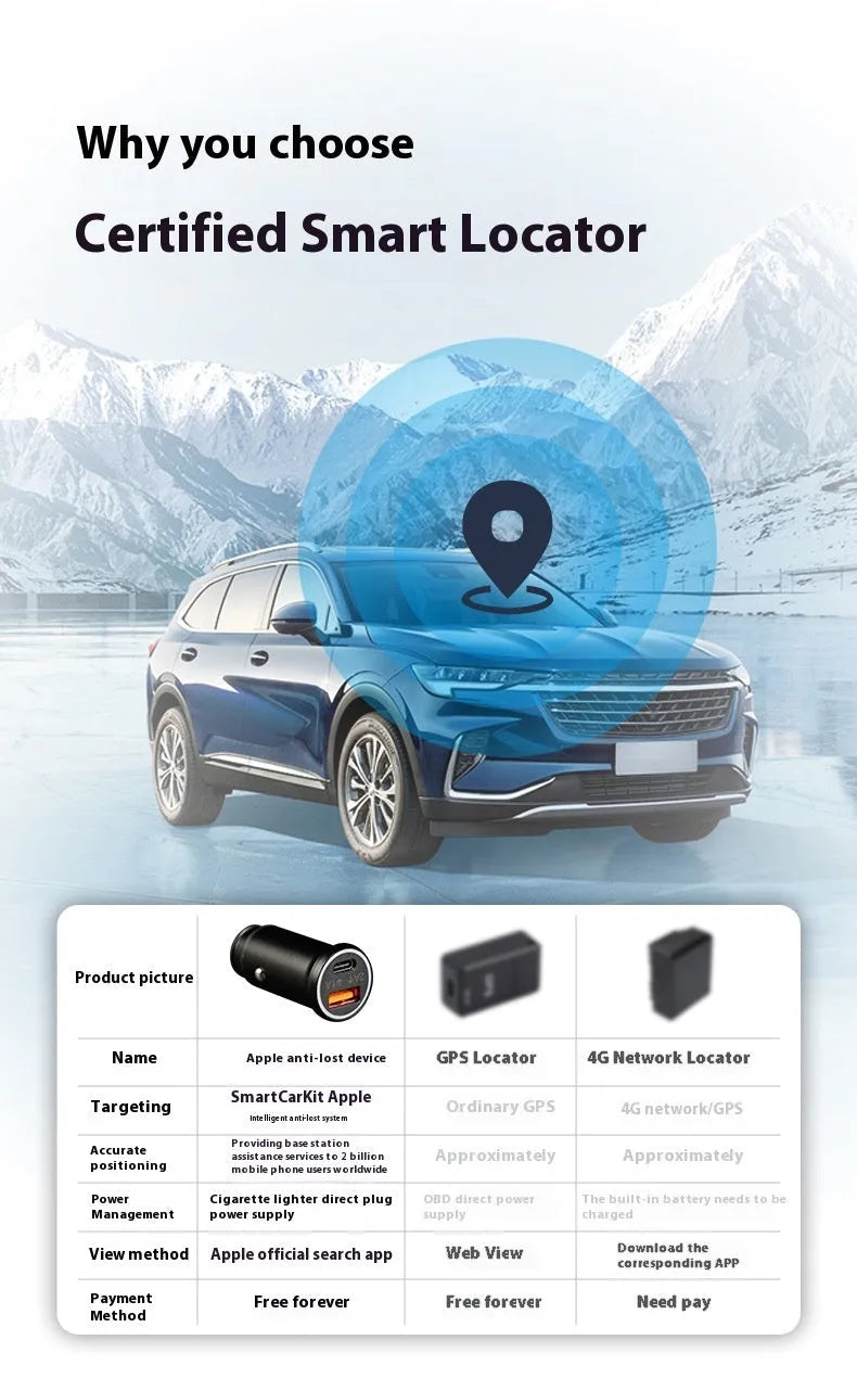 Black car GPS locator with a 12V cigarette lighter plug and a coiled 1.5-metre power cable on a dark surface.