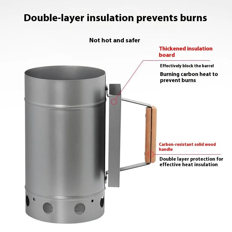 Zinc-iron alloy outdoor charcoal fire starter with point carbon barrel design and igniter.