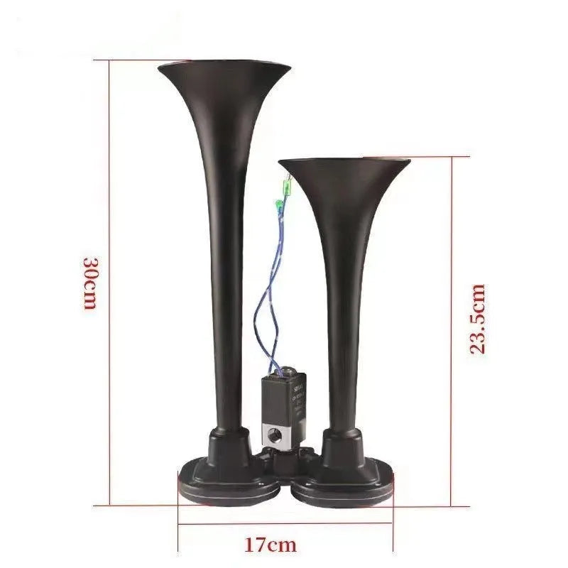 Black dual trumpet 12V 24V universal air horn and compressor kit for vehicles.