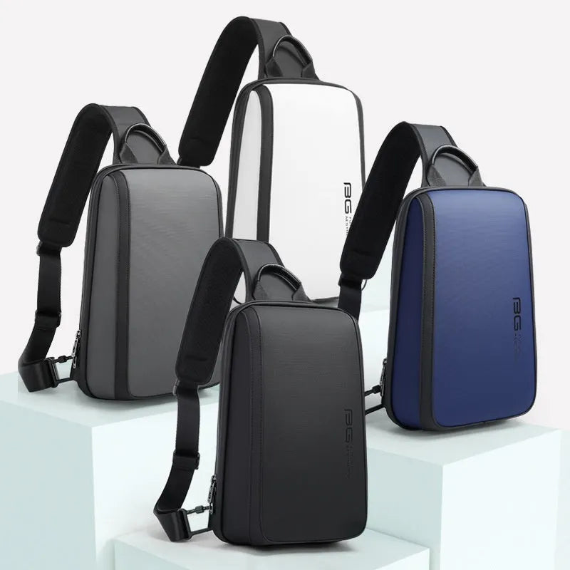Blue men's Oxford cloth chest bag with adjustable shoulder straps, shown with soft handle.