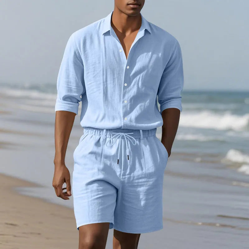 Men's linen beach suit set with long sleeve shirt and shorts in multiple colour options