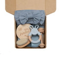 Newborn baby shower toy set in peach colour, six bath toys made from wood and chemical fibre