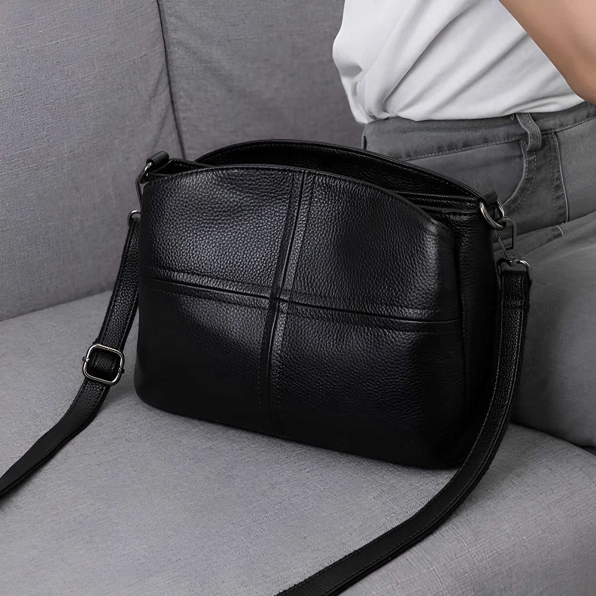 Genuine cowhide leather handbag with plaid pattern, horizontal square shape, single strap, urban minimalist style