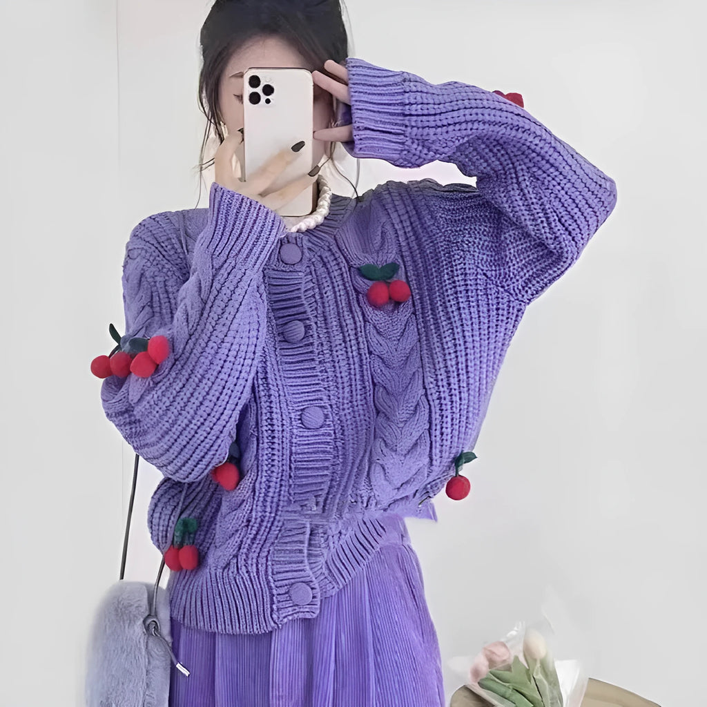 Cherry 3D pattern loose polyester sweater for women in pink colour with long sleeves and sweet Korean style