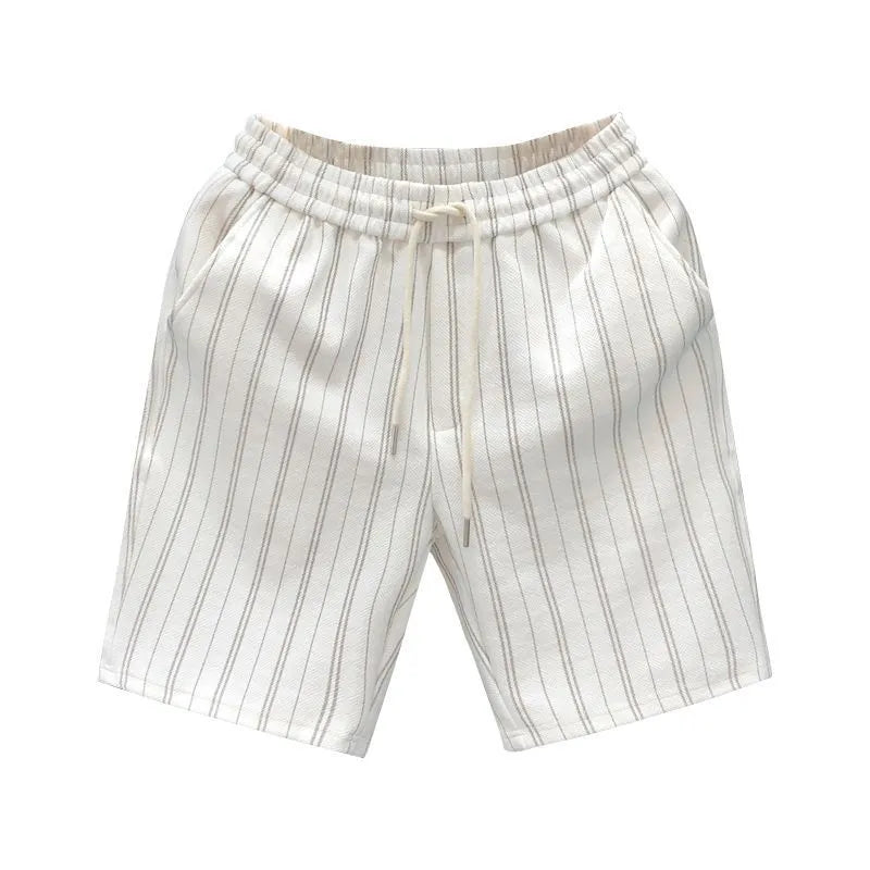 Men's black and white striped fleece-lined casual shorts showing straight leg and ankle band design.