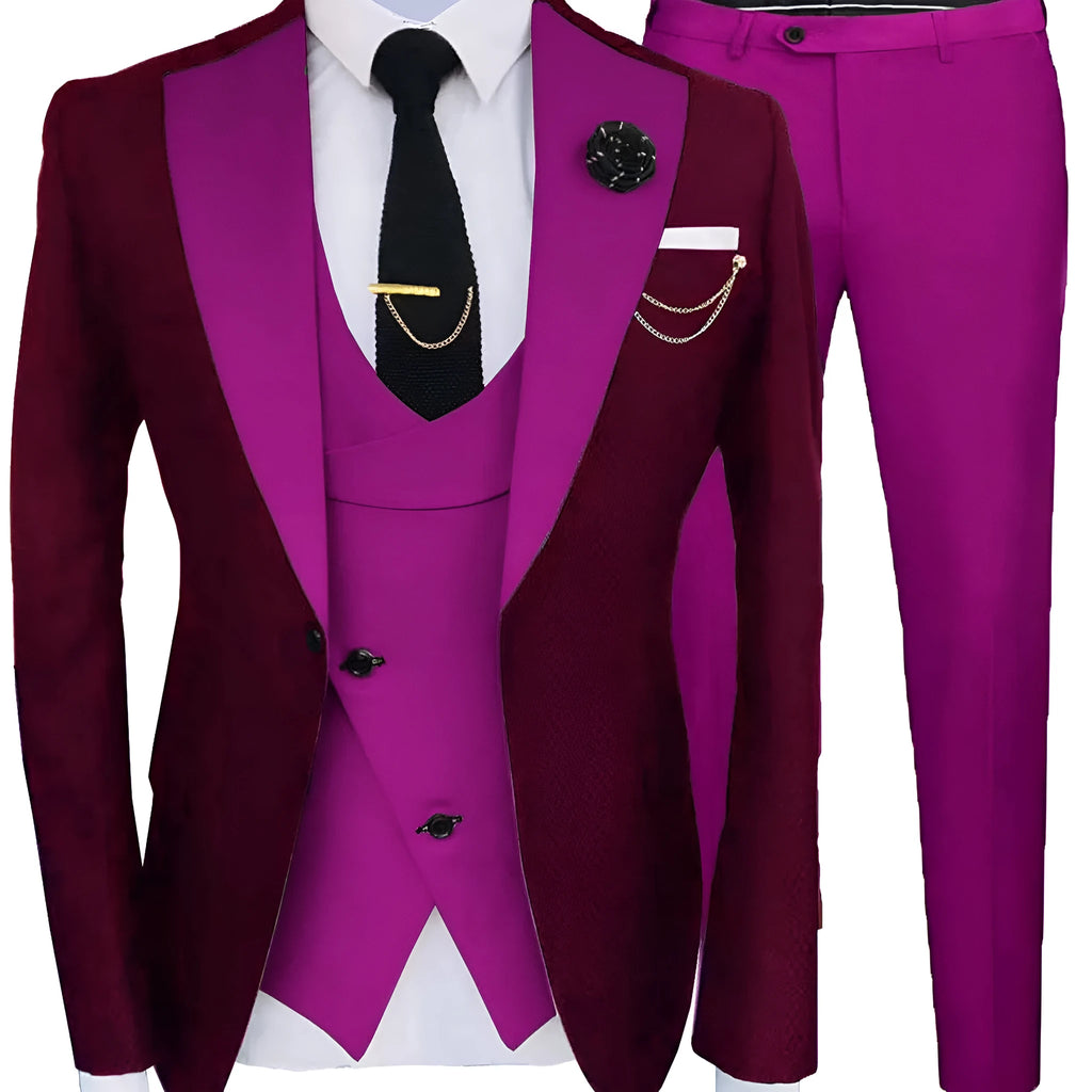 Men's three-piece slim fit cotton suit in Asian sizes XS-5XL for wedding and light business.