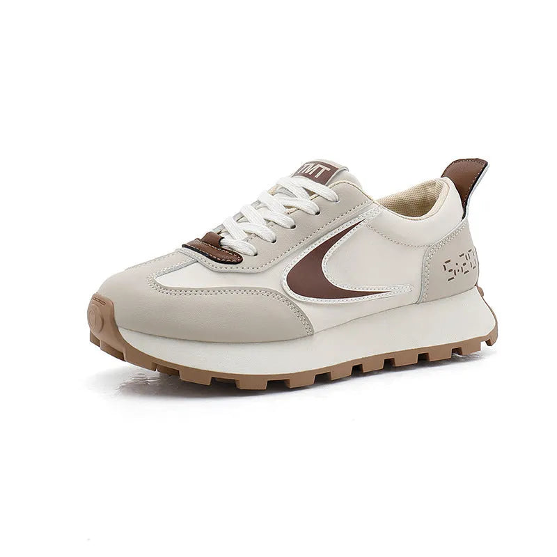 Forrest Gump heightened daddy shoes beige low top round toe mid heel 3-5cm height increasing sneakers