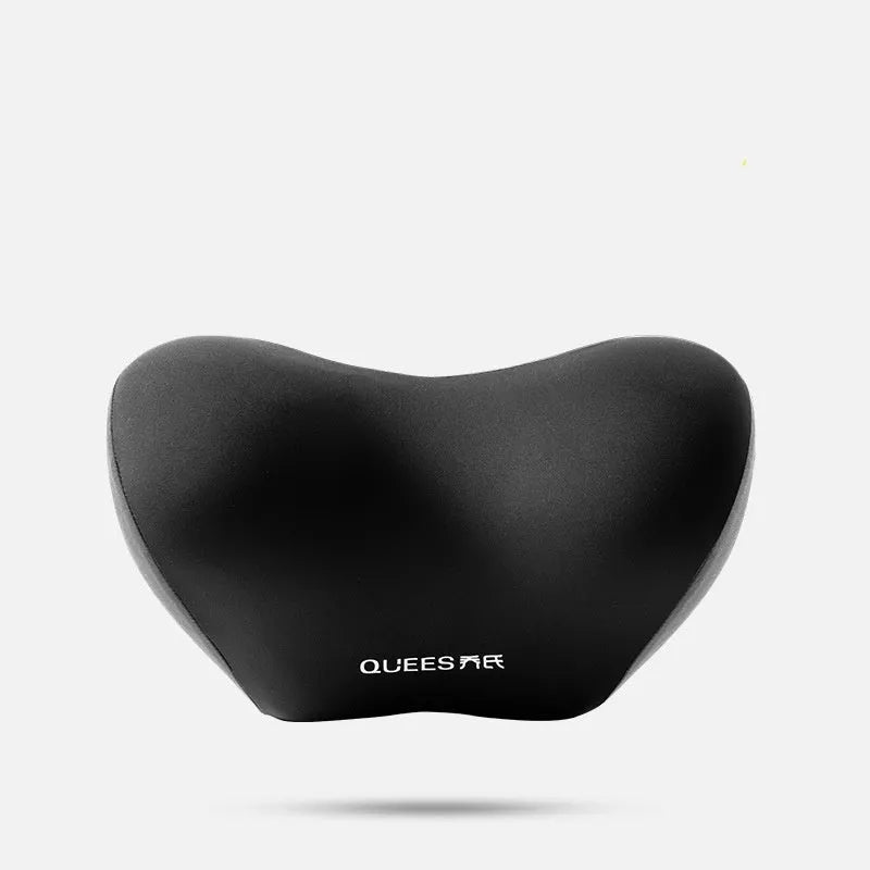 Black and grey memory foam car seat lumbar support pillow and headrest on a car seat.