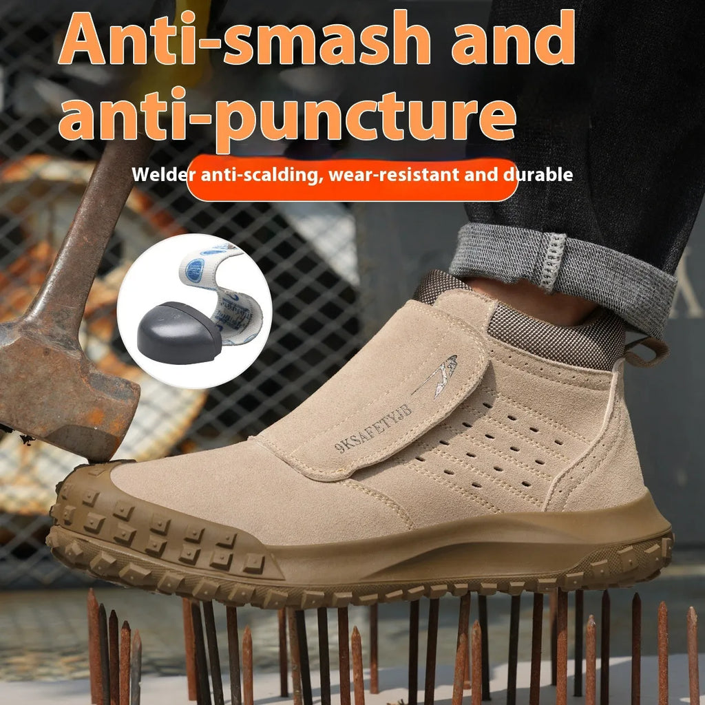 Steel toe cap welder protection shoes in sand colour with lace-up front and rubber sole.