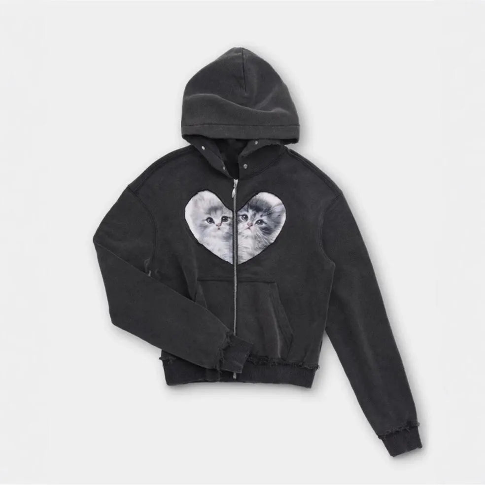 Cotton washed distressed love kitten stitching zipper hooded sweater cardigan in washed black, short length 40cm