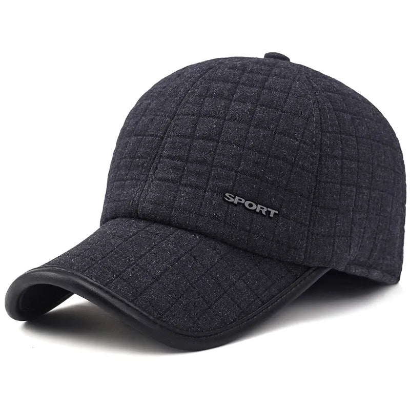 Men's winter ear protection thickened baseball cap, cotton warp knit, adjustable 56-60cm, black colour on white background