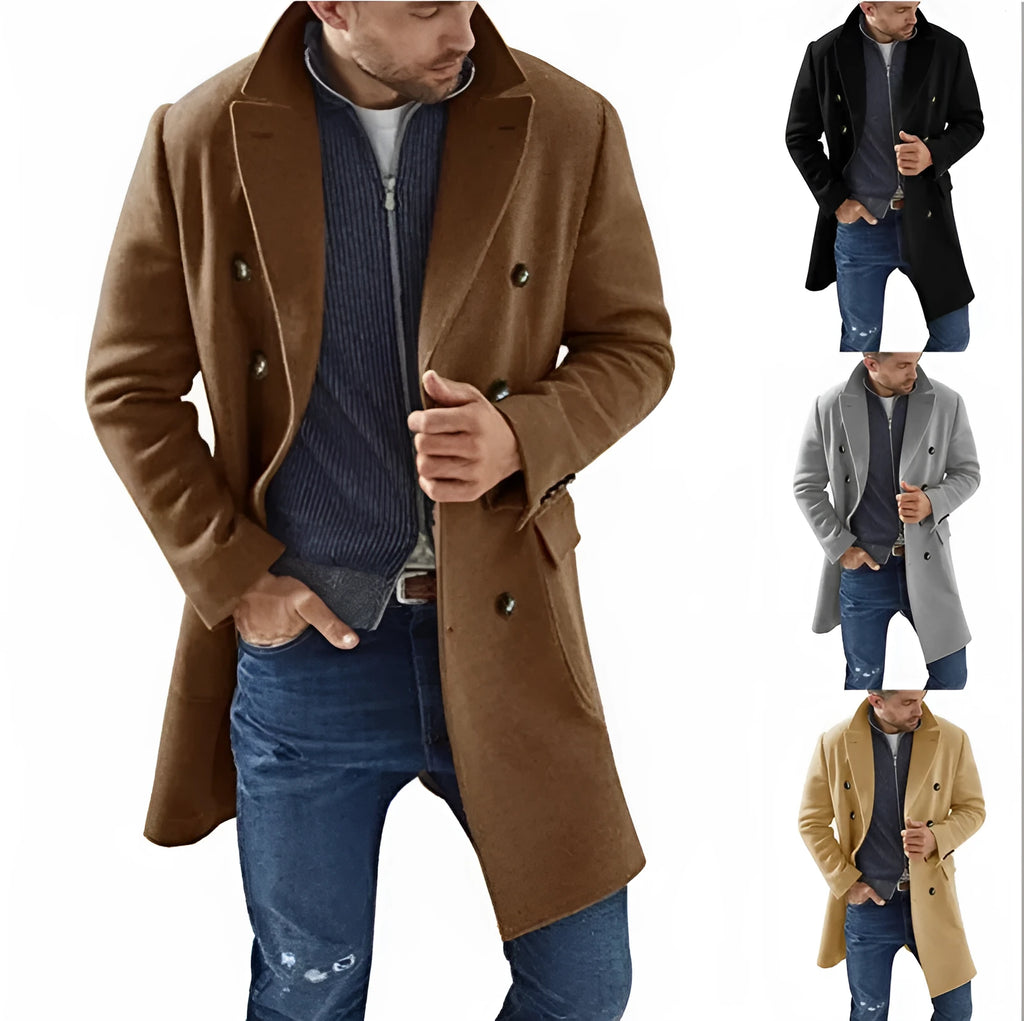 Woolen men's coat warm padded jacket in solid colour with embedded line pockets