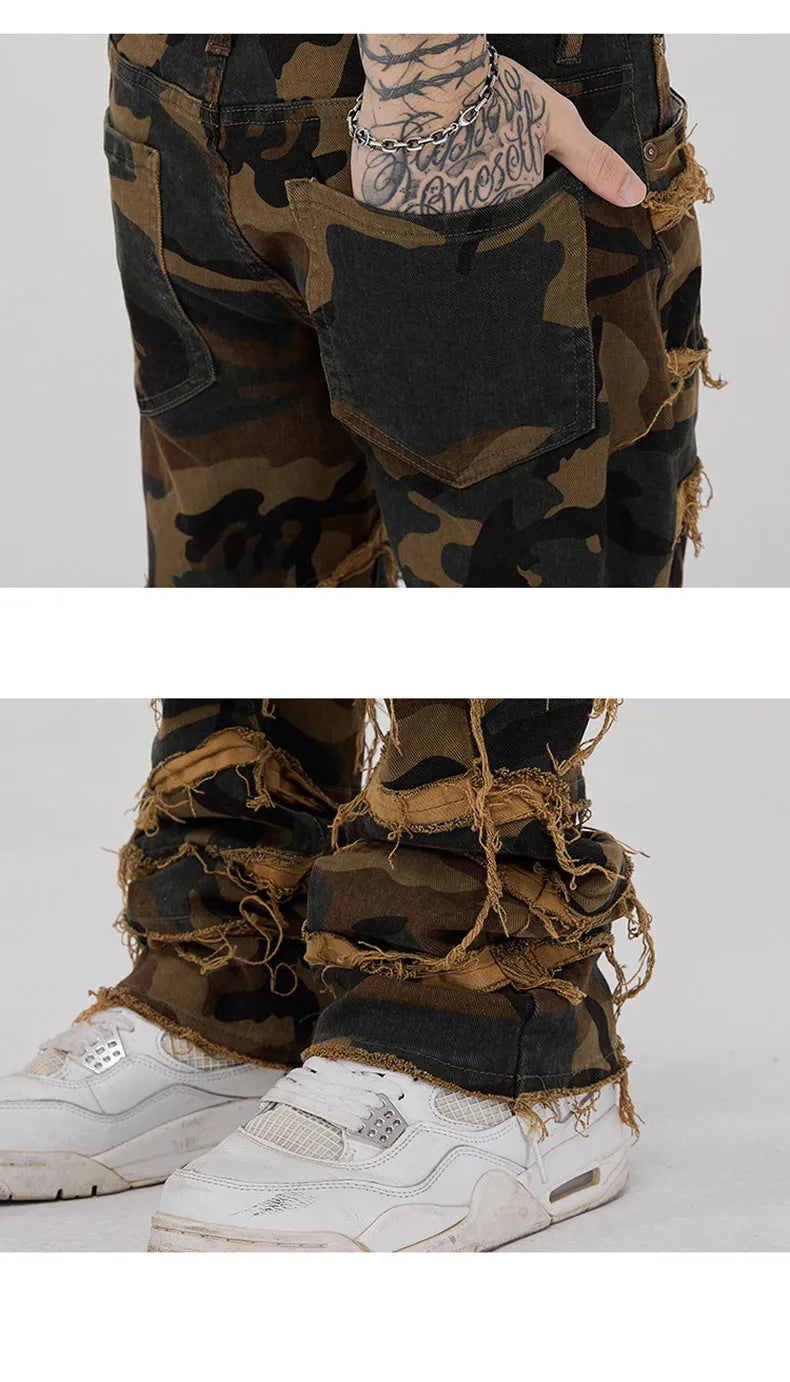Men's camouflage trumpet leg jeans in 98% cotton denim with micro-elastic finish and colour matching.