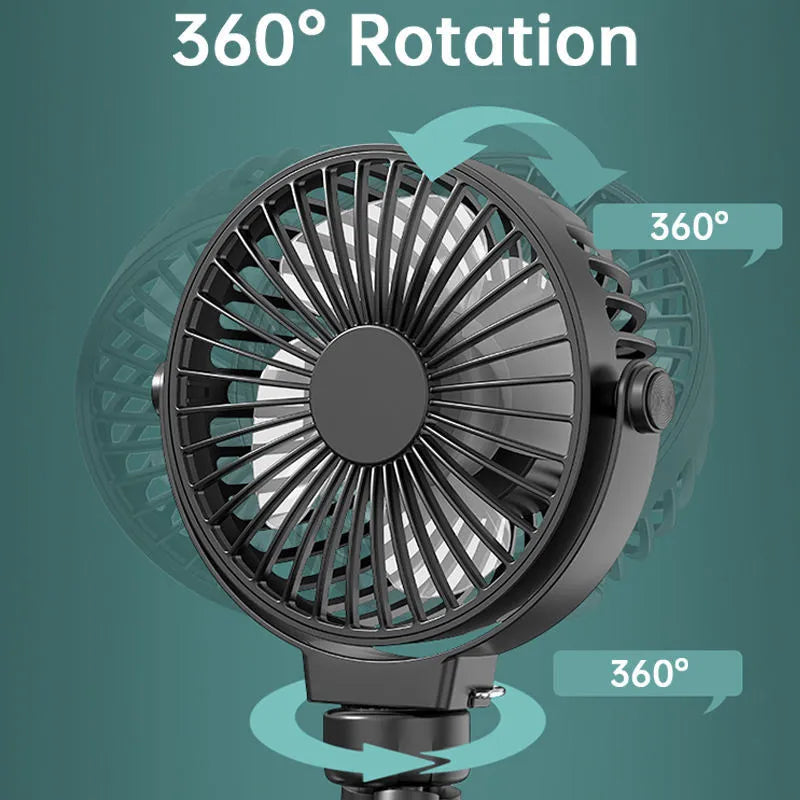 Black portable clip fan with flexible tripod legs and 2000mAh battery for USB charging
