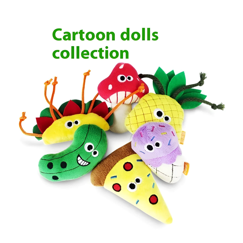 Catnip plush pillow toy in six food shapes for feline molar stimulation