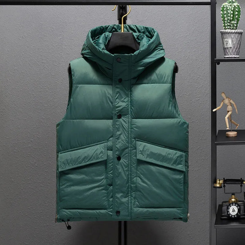 Men's thickened down cotton vest in black or green, sleeveless waistcoat jacket, sizes M to 3XL, 50cm length