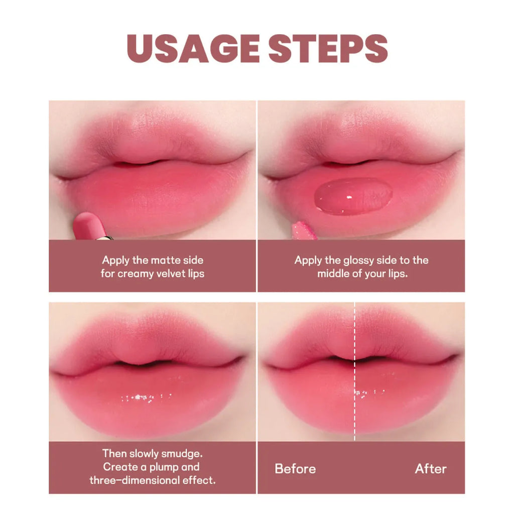 Double-headed lipstick showing matte lipstick on one end and lip gloss on the other in silver casing