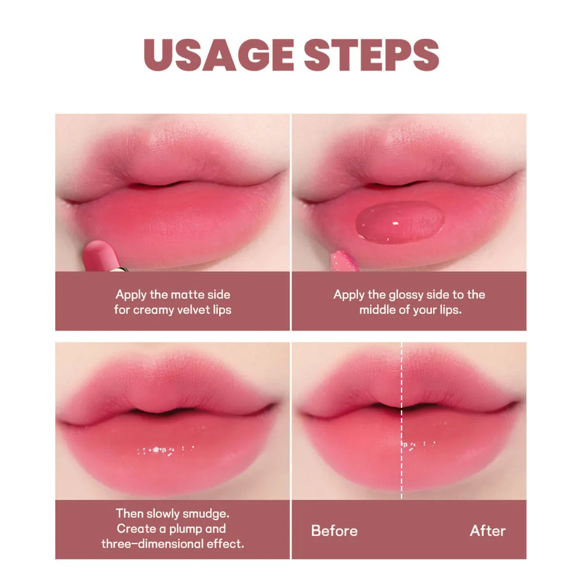 Double-headed lipstick showing matte lipstick on one end and lip gloss on the other in silver casing