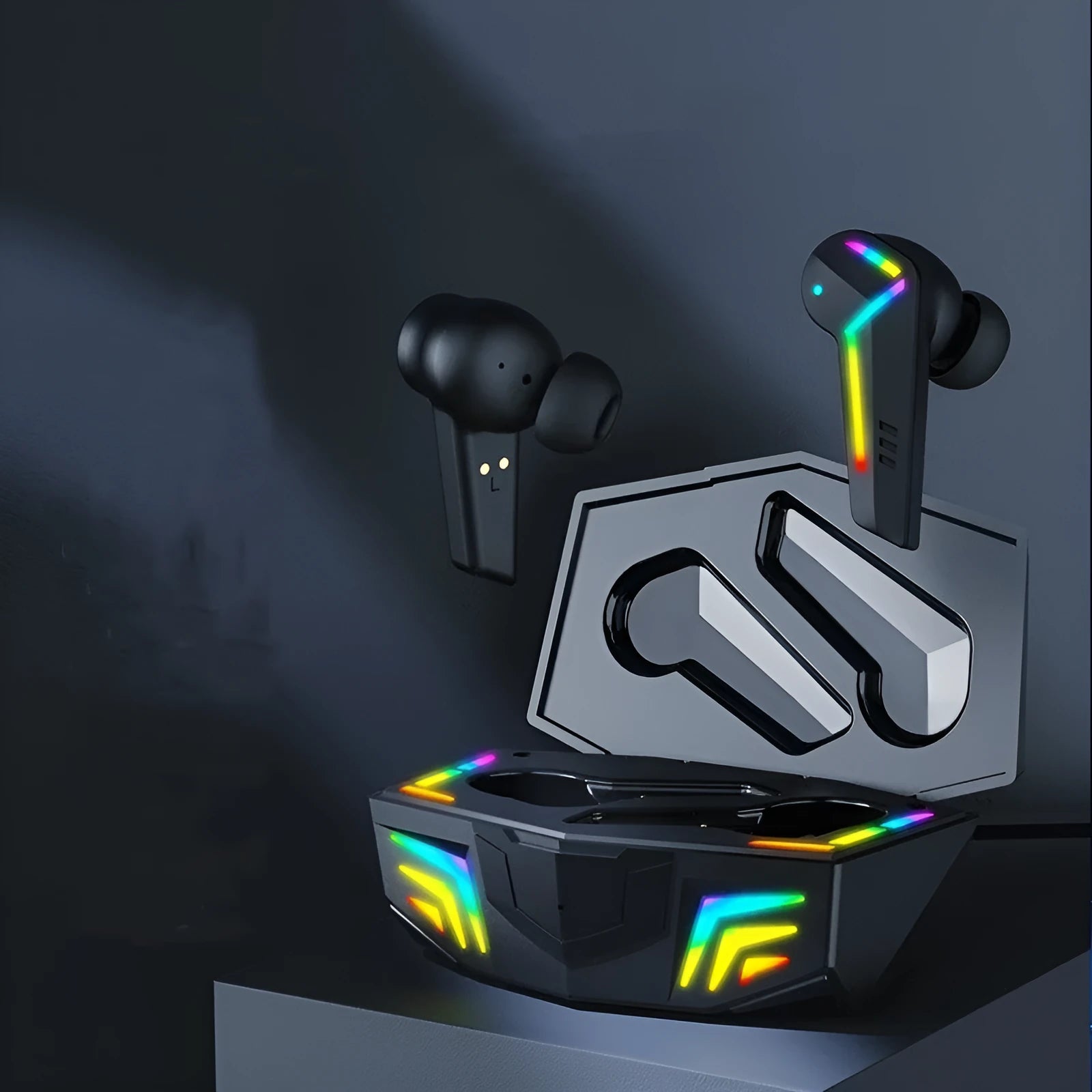 Black TWS Bluetooth gaming headset with low latency for sports.