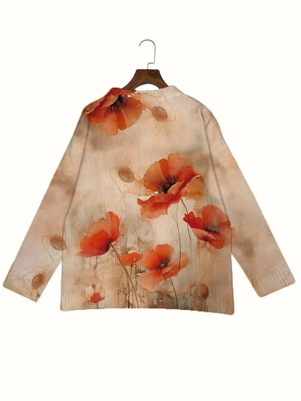 Custom digital print long sleeve top in 95% polyester, available in sizes S to 5XL, showing a picture design