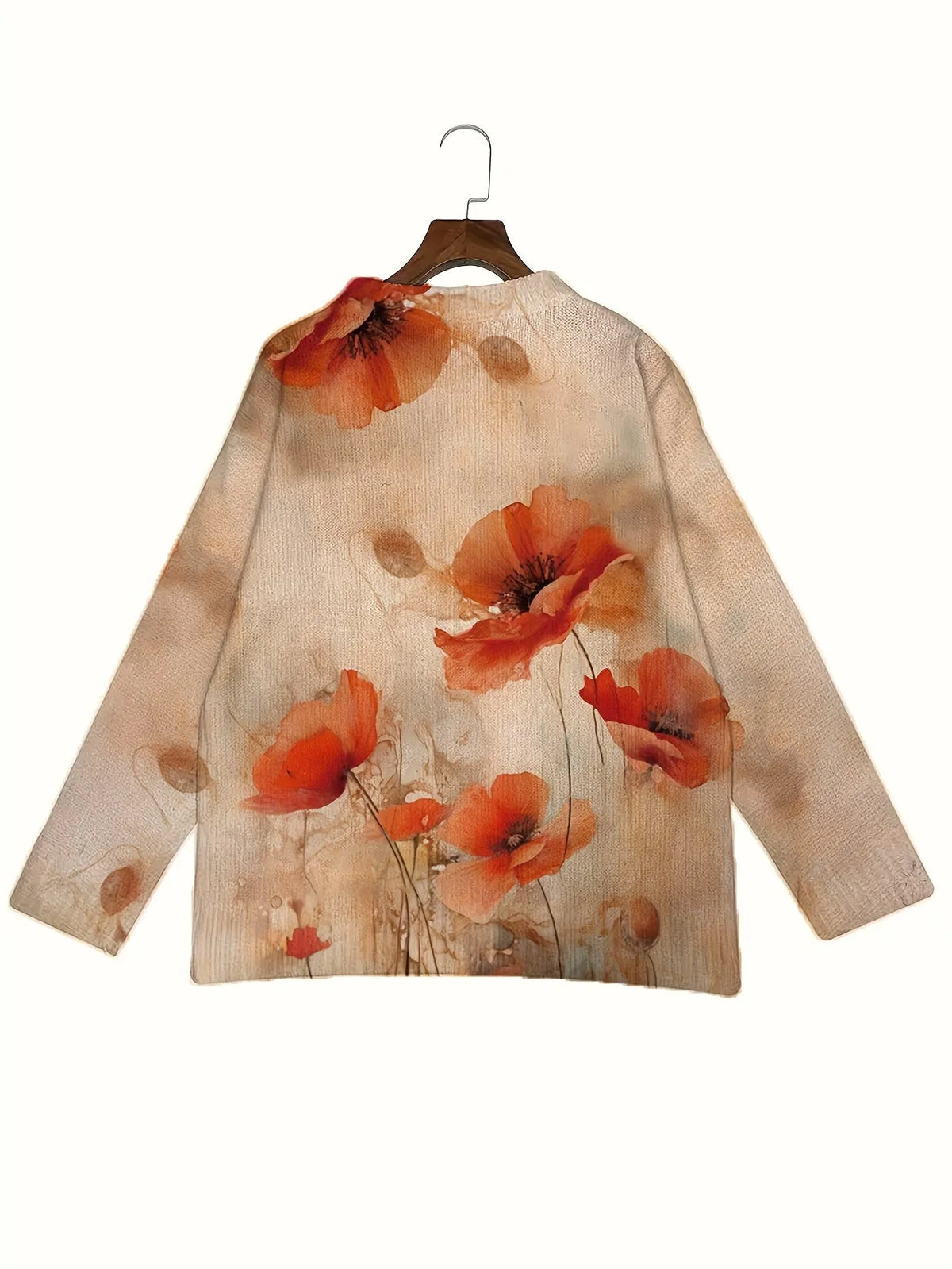 Custom digital print long sleeve top in 95% polyester, available in sizes S to 5XL, showing a picture design
