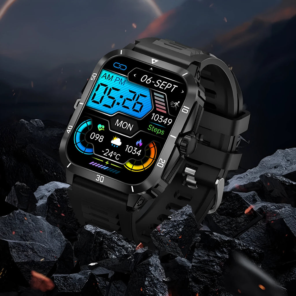 Black outdoor sports smart watch with Bluetooth calling, TFT screen, and silicone strap