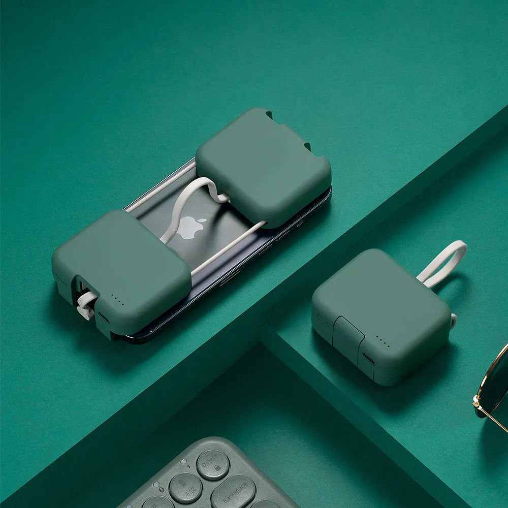Multi-function bracket mobile power supply with dual cables and phone stand, 4000mAh, in green