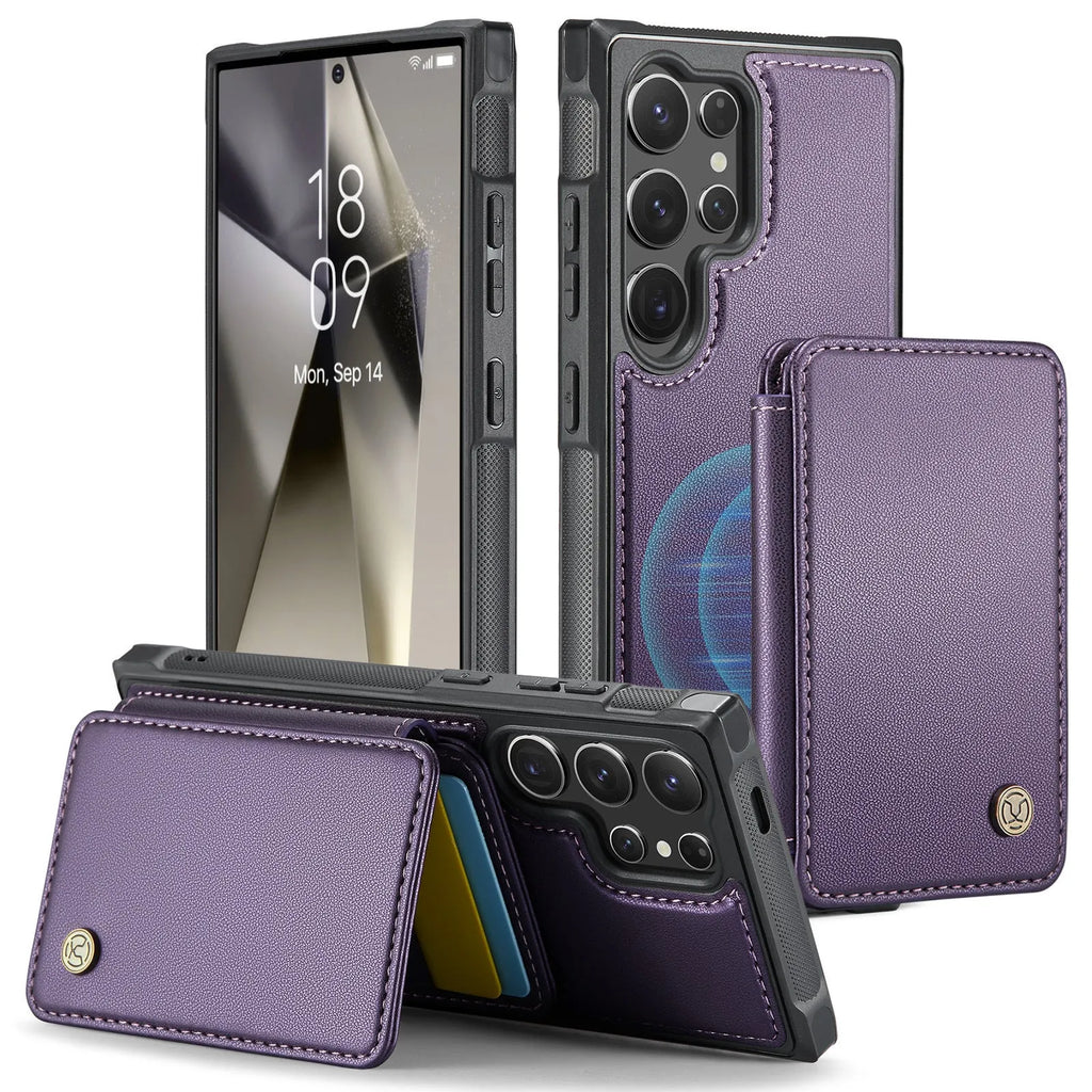Magnetic card phone case for Samsung in black with drop-resistant imitation leather wallet style