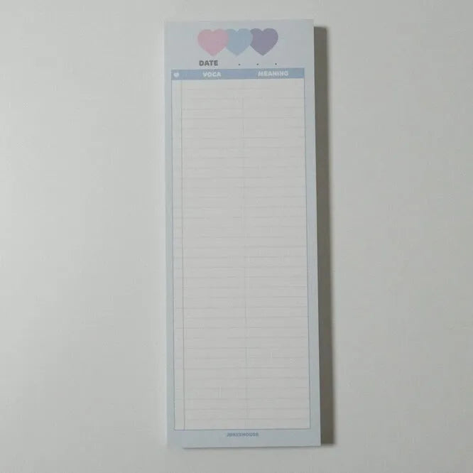 Vertical half-B5 notepad with printed lines for English words, in blue cover.