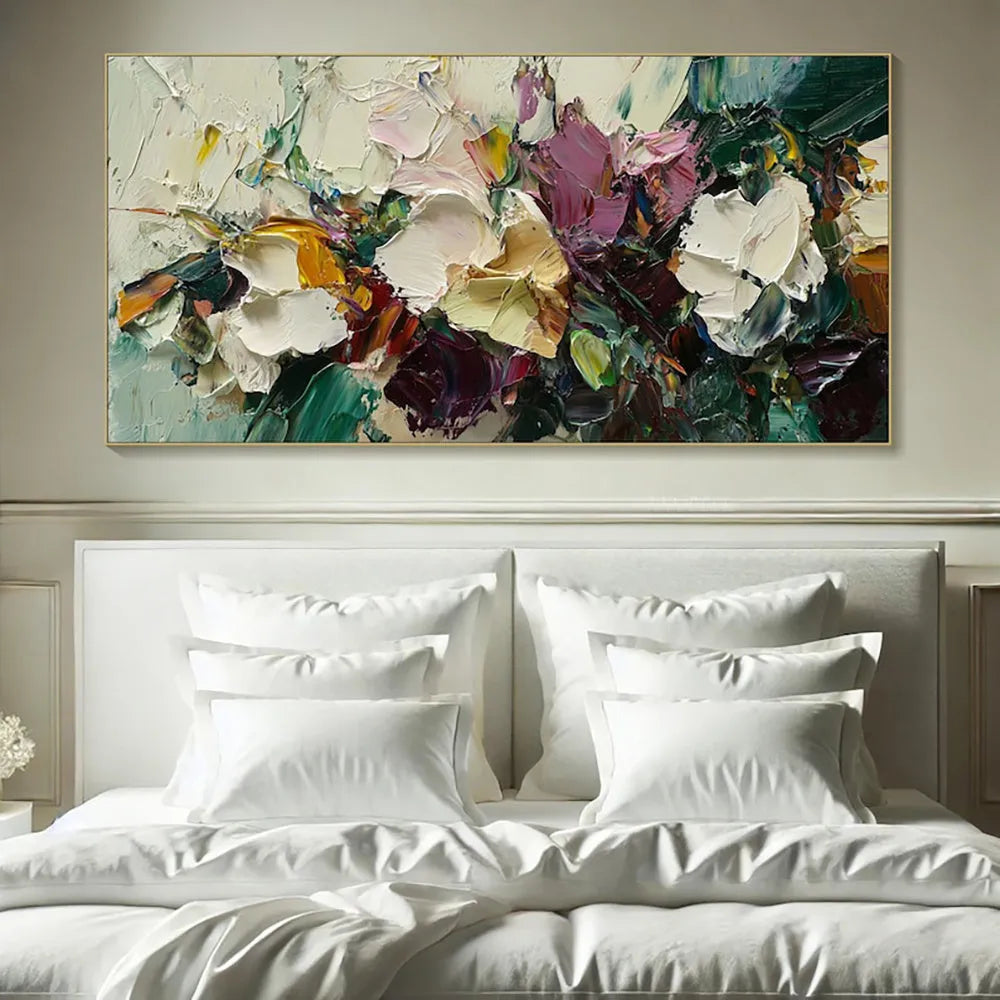 Handmade flowers field oil painting canvas artwork, modern horizontal design, rolled frameless