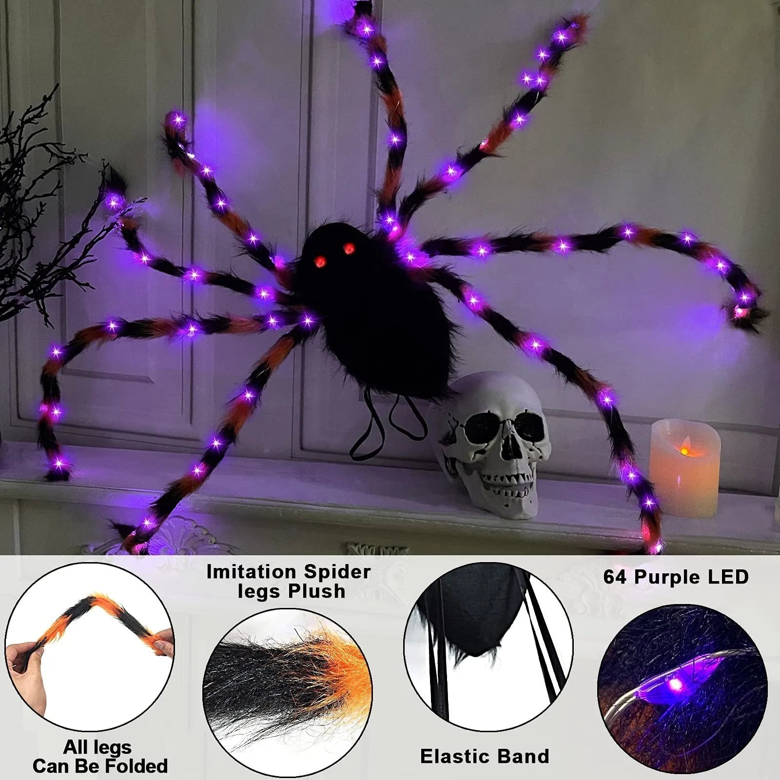 Orange Halloween spider backpack with purple LED lights on plush sugar bag material.