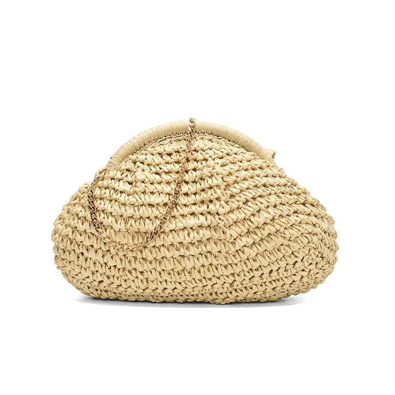 Women's khaki shell-shaped straw shoulder bag with a chain strap detail