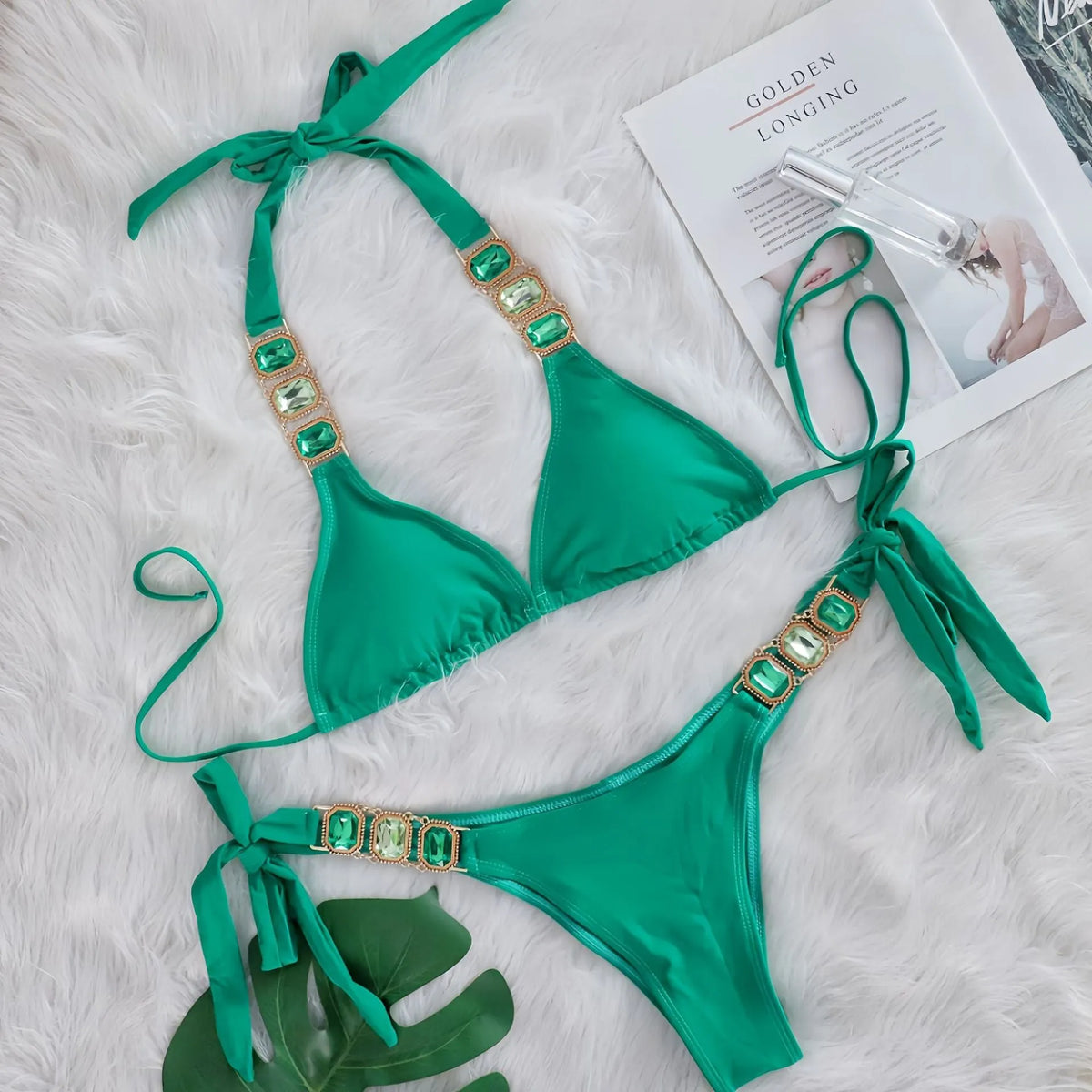 Women's crystal diamond bikini set in nylon, two-piece split swimsuit, shown in one of ten colours and sizes S M L.