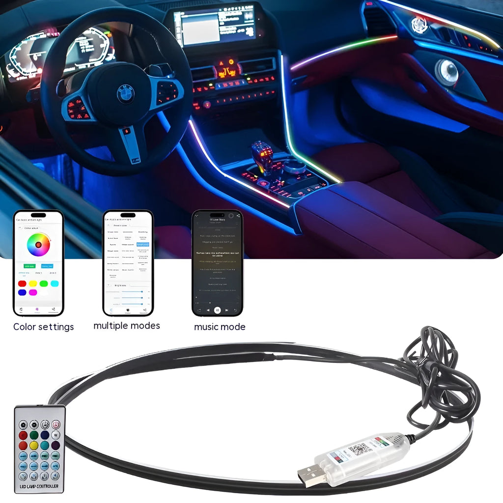 Car interior LED strip lighting kit with app and remote control for colour customisation