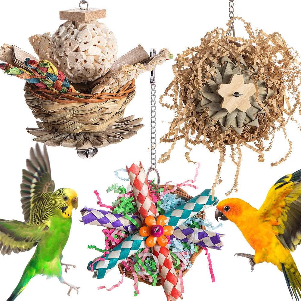 Parrot gnawing toy set with three wood and sisal rope chew designs for molar activity.
