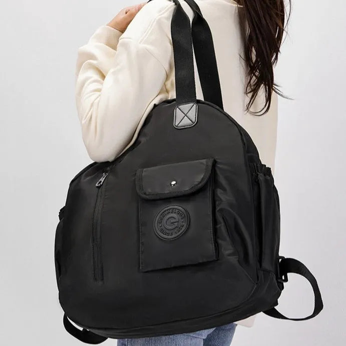 Large capacity nylon backpack with sandwich pocket in black, khaki, or green colours