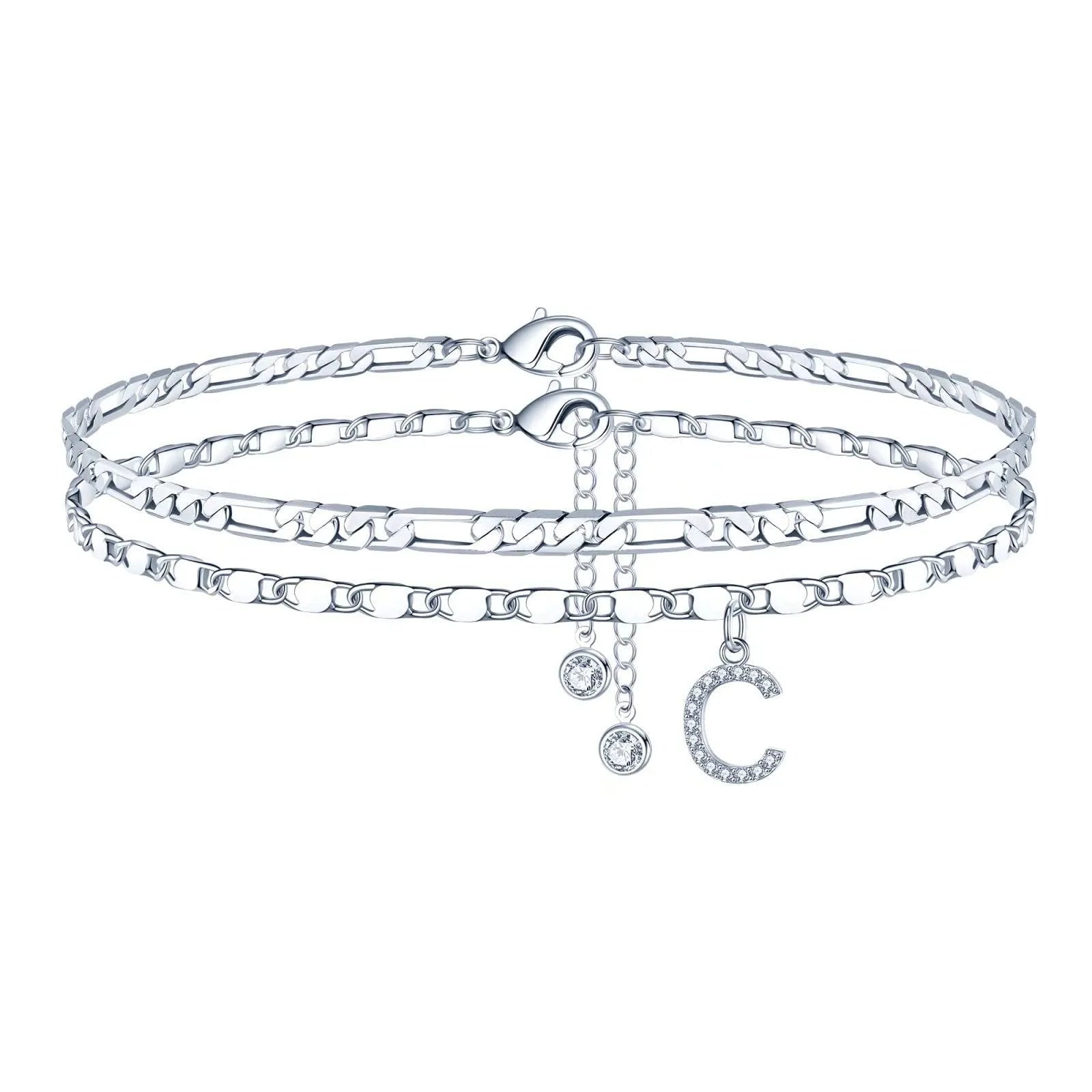 Copper double-circle bead anklet with silver colour finish showing customisable letter styling options