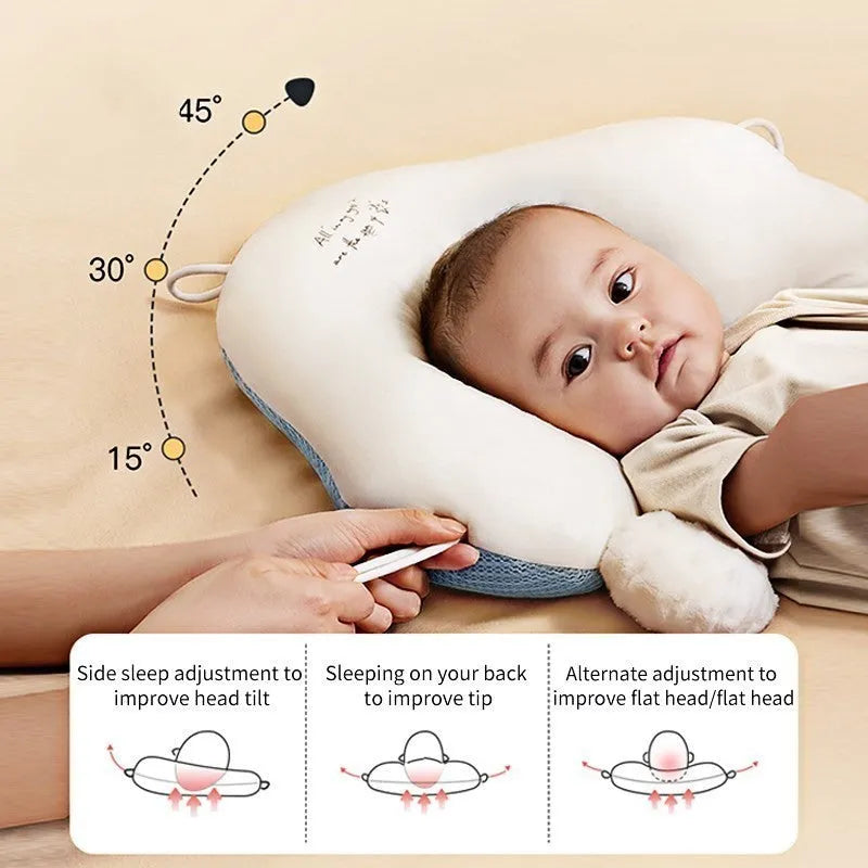 U-shaped baby head shaping pillow in blue and white colours with pure cotton fabric