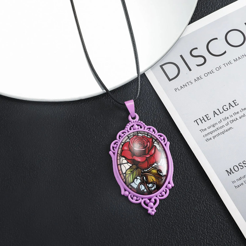 Gothic oval rose necklace for women in black with alloy chain and organic glass pendant