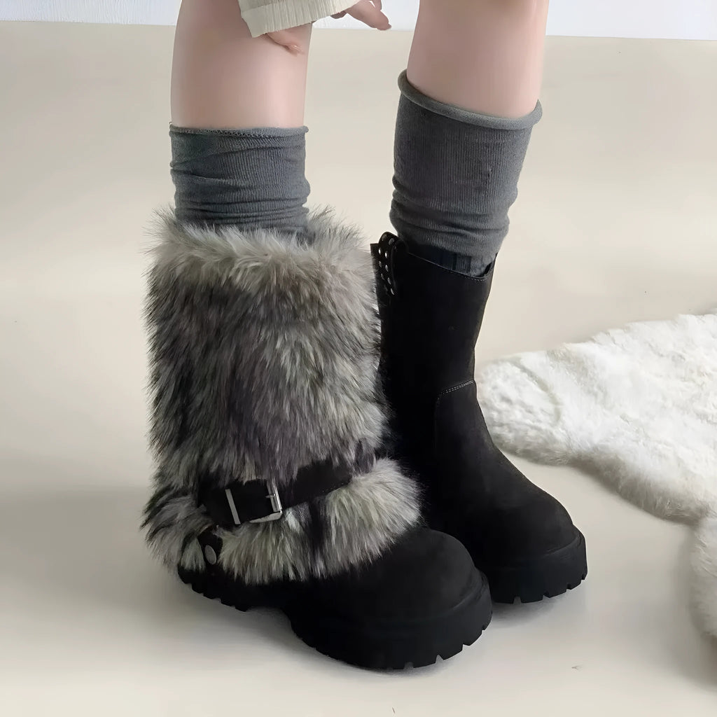 Women's furry snow boots in beige with colour block splicing, mid-calf shaft, and thick rubber sole