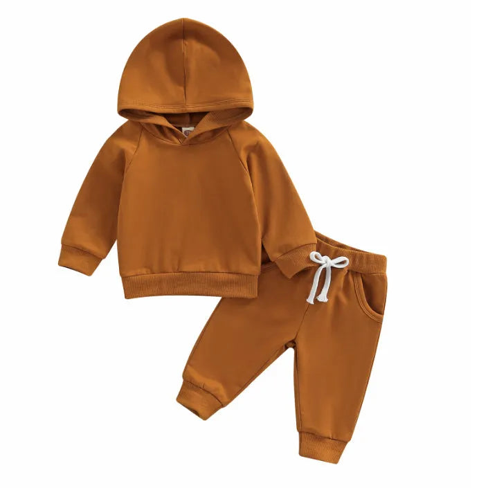Boys solid colour cotton hooded sweater and trousers suit for autumn winter in apricot
