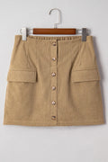 Women's corduroy hip skirt in coffee colour with button detail, short length, polyester fabric