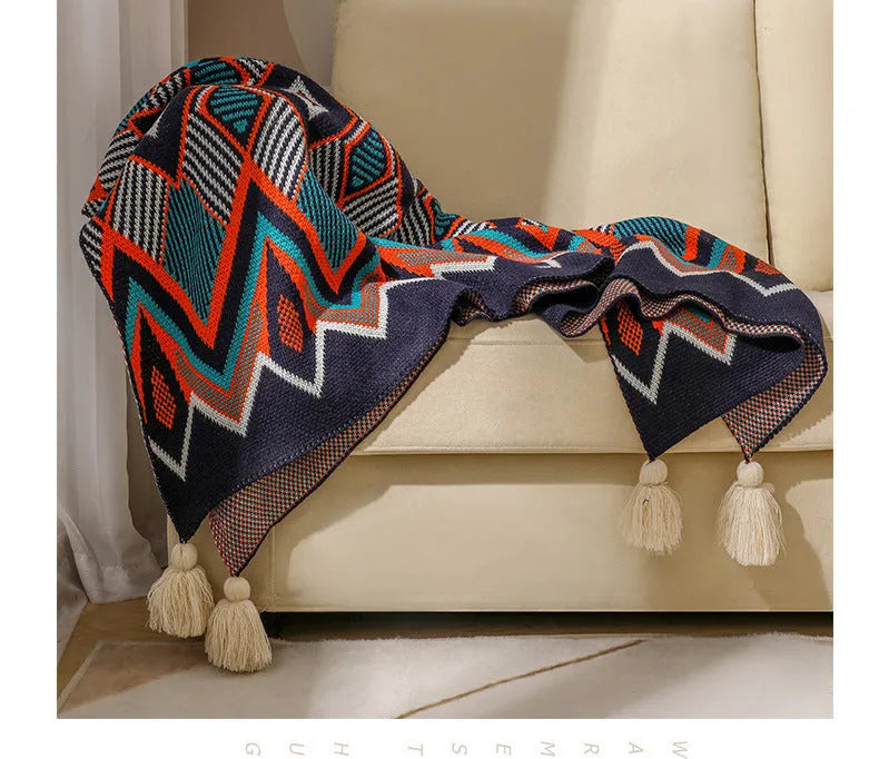 Bohemian acrylic sofa cover blanket with tassels in geometric pattern colours