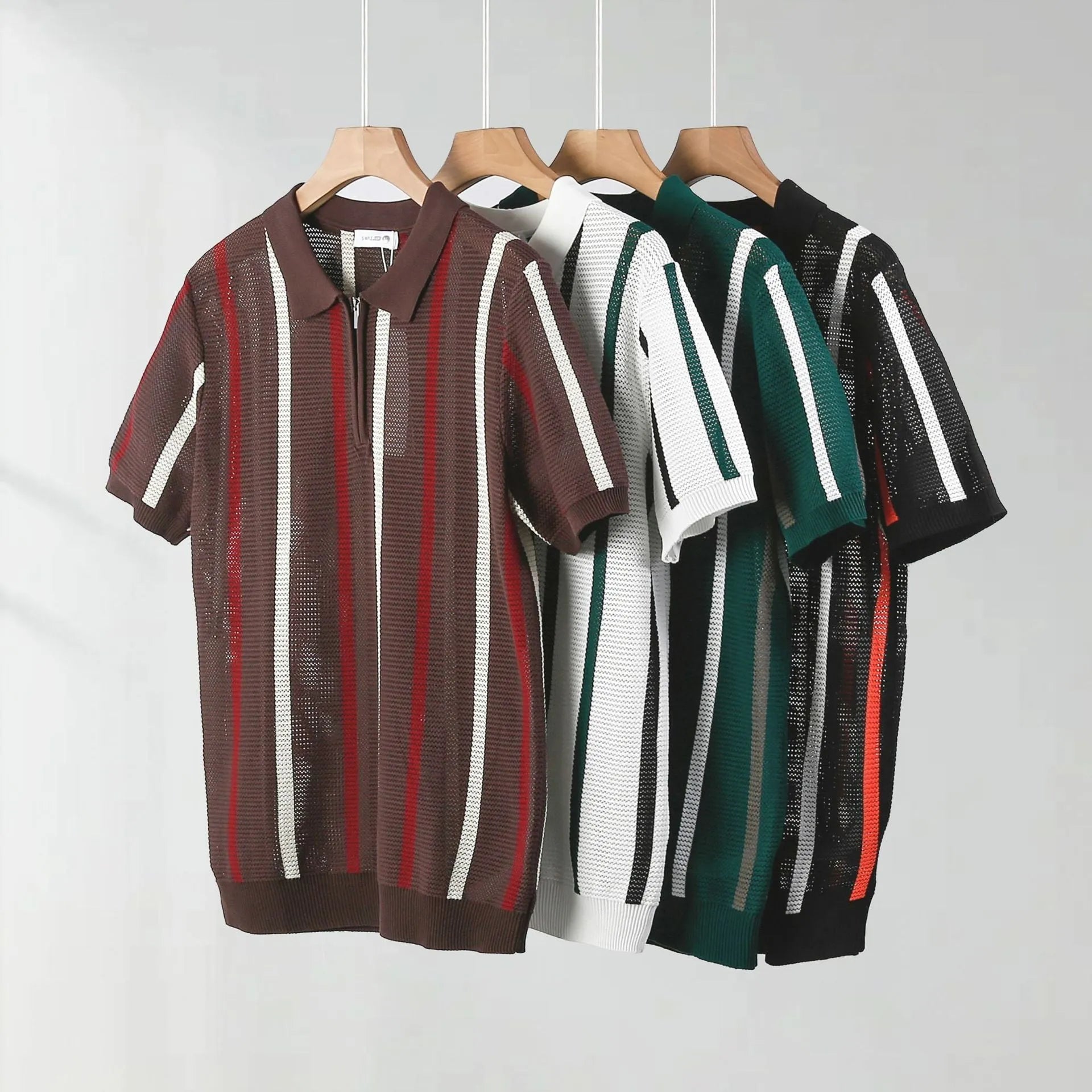 Hollow mesh short-sleeved knitting polo shirt in Ice Silk fabric with zipper decorations, loose fit, black colour